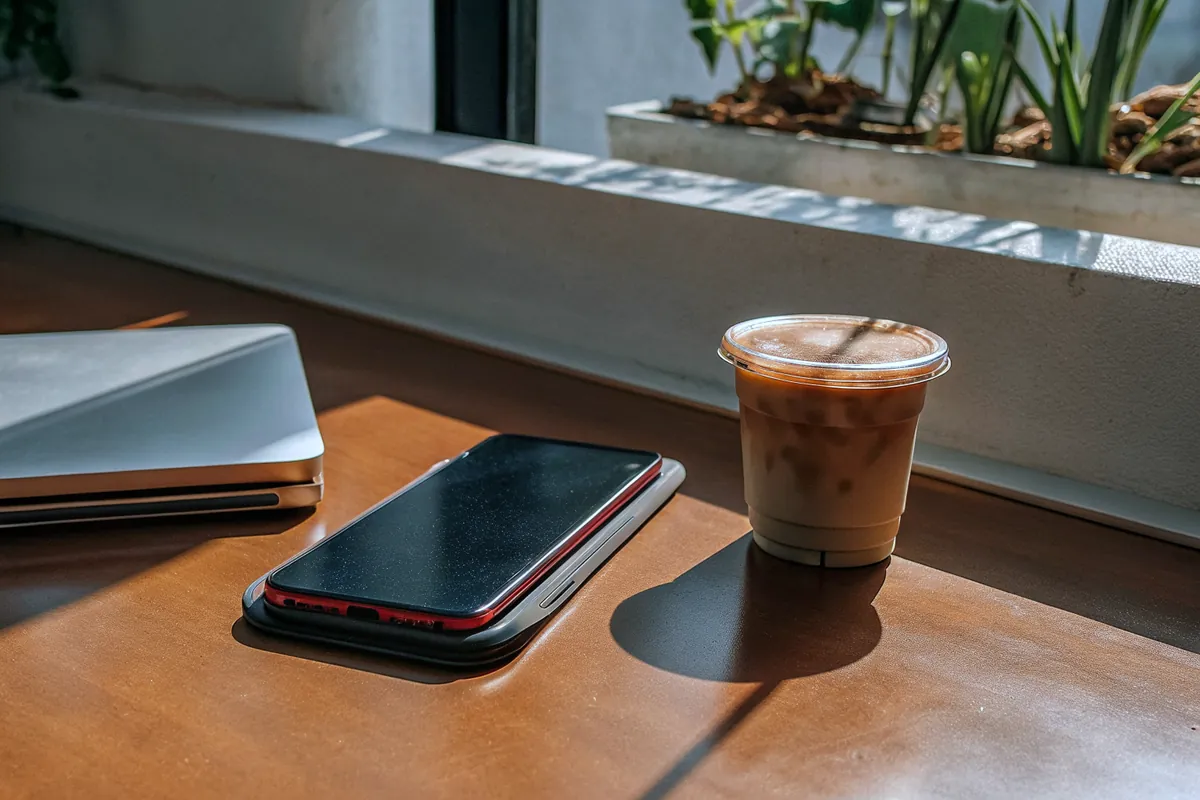 A phone and an iced coffee on a cafe table beside a closed laptop